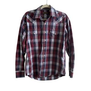 Stetson Men's Burgundy and Navy Plaid Shirt With pearl snap buttons
